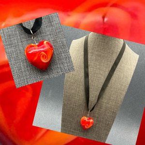 Glass Pendant Necklace Silver Puffy Heart Black Ribbon Red Pink Swirl Valentine